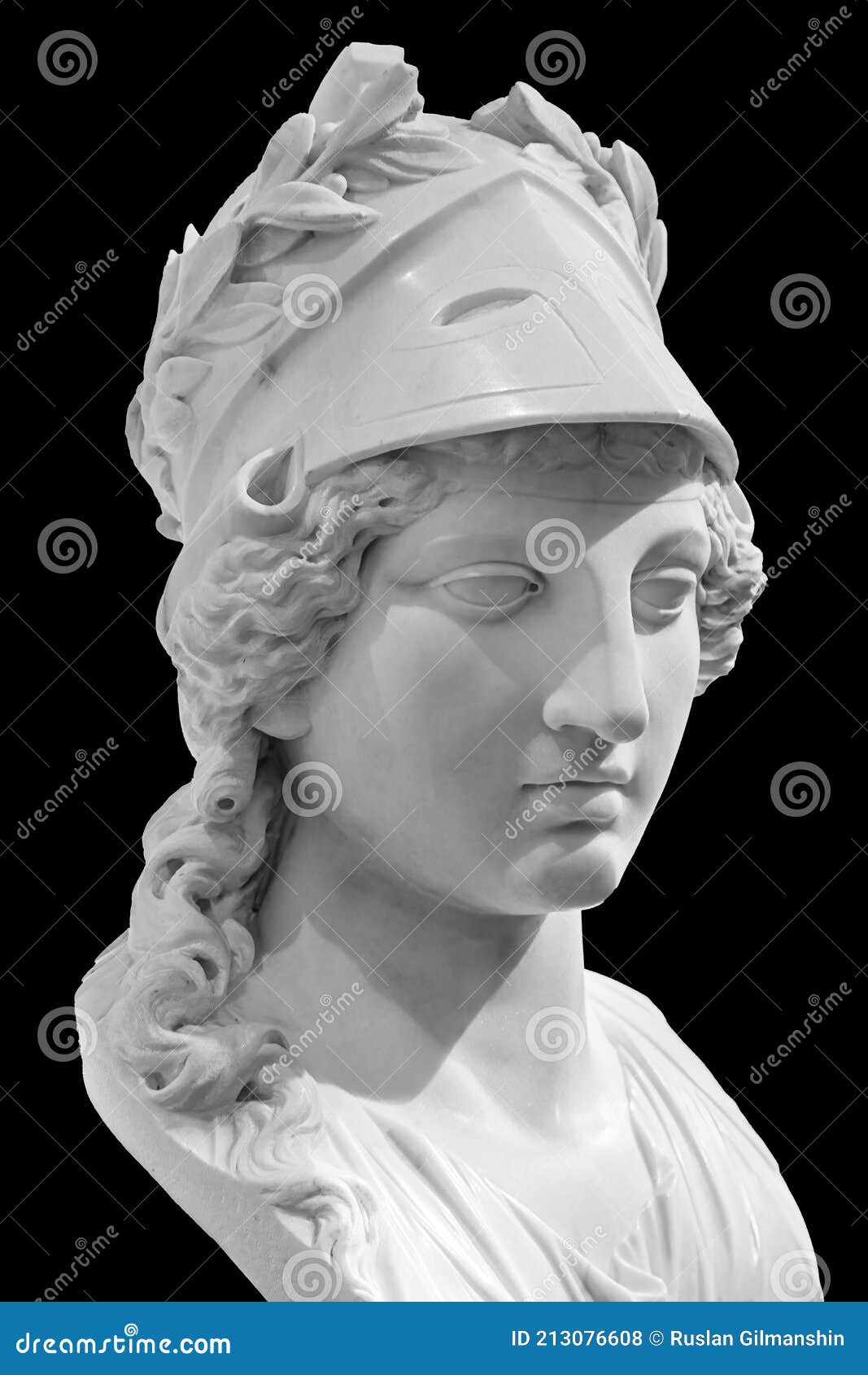 ancient greek goddess athena pallas statue  on black. marble woman head in helmet sculpture.
