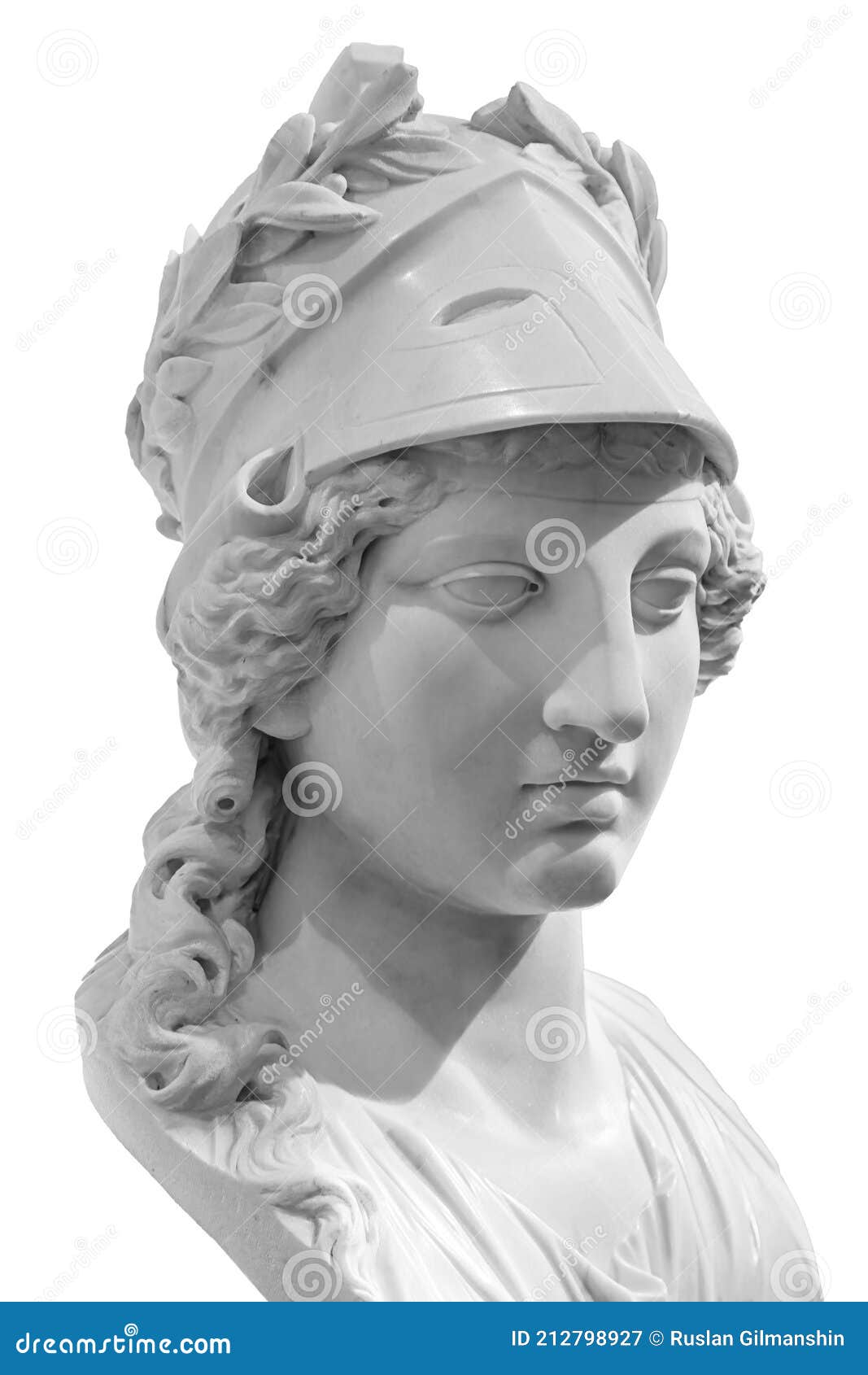 ancient greek goddess athena pallas statue  on white. marble woman head in helmet sculpture.