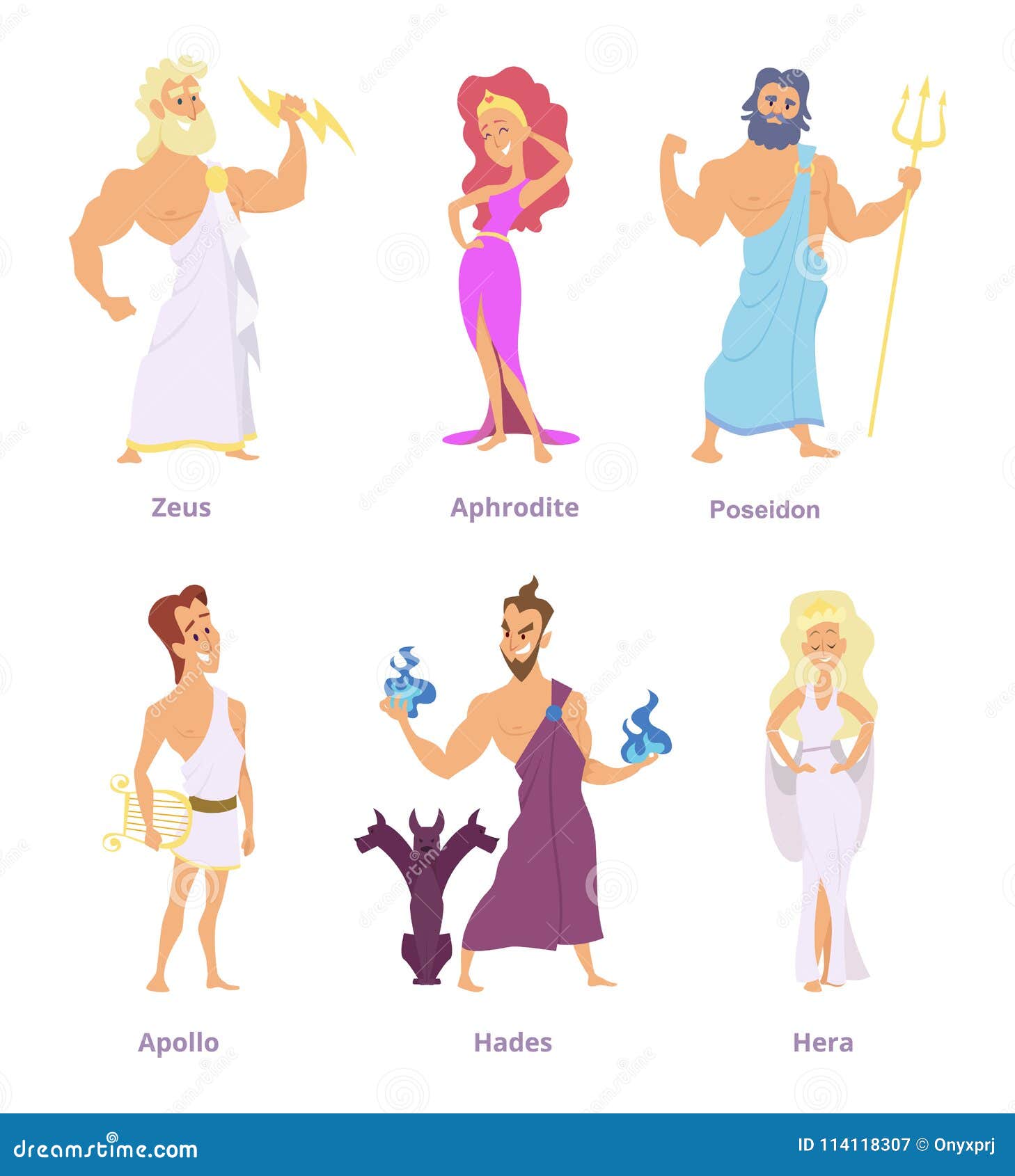 ancient greek mythology. the gods and goddesses of olympus. cartoon funny characters