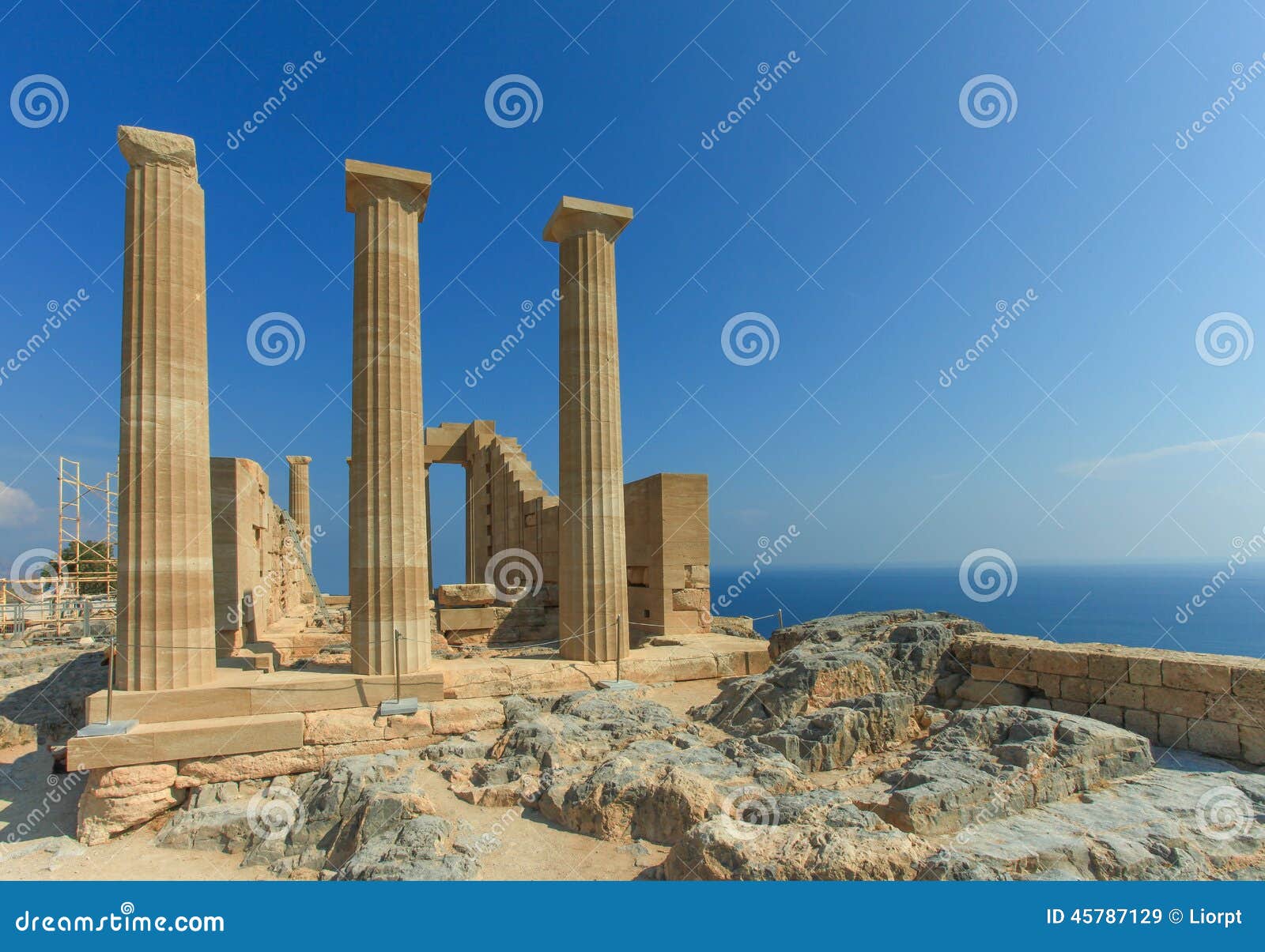Ancient Greek Pillars at Top of Lindos Acropolis Stock Image Image of