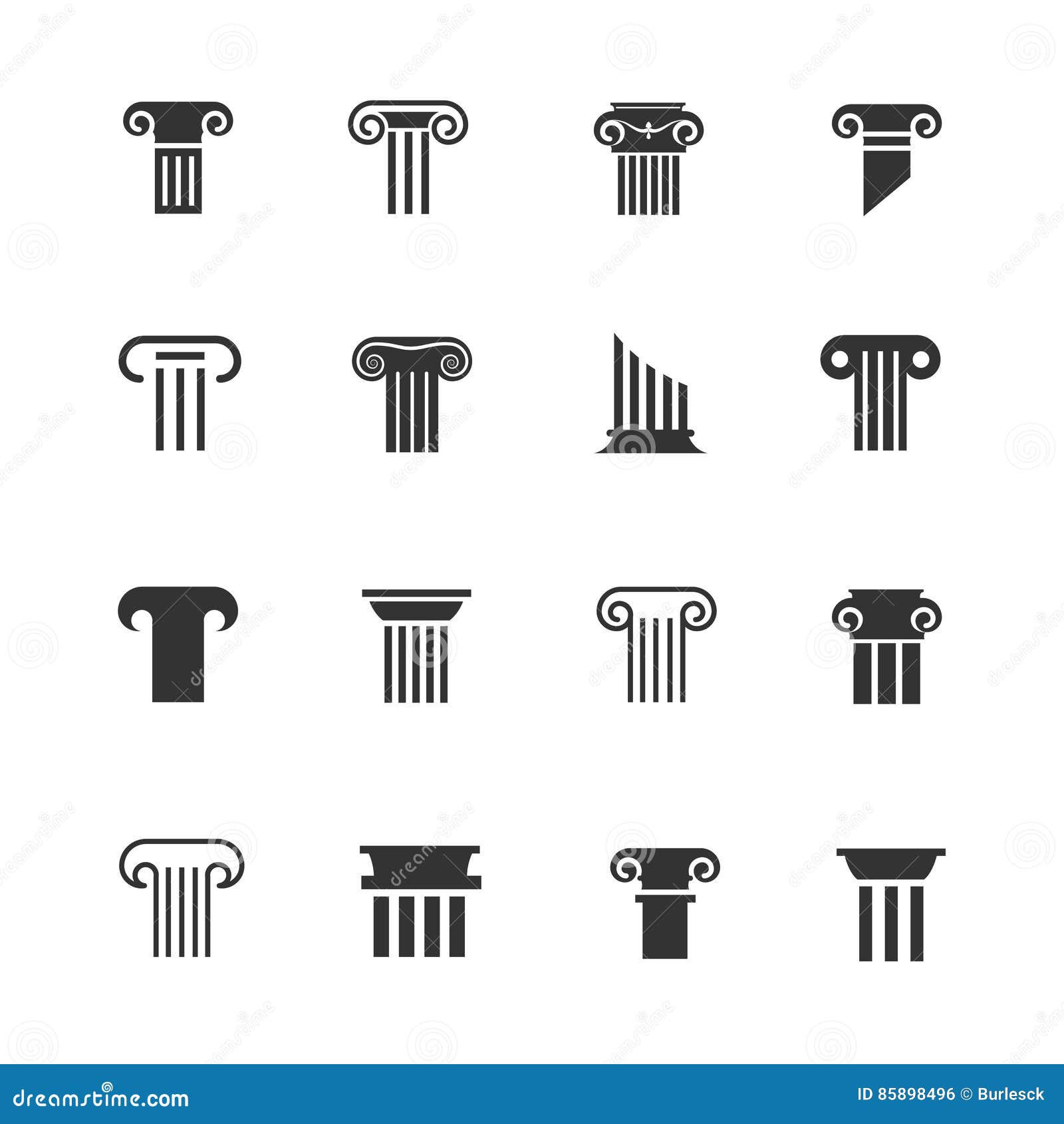 ancient greek and roman column icons. architectural pillar  black white signs