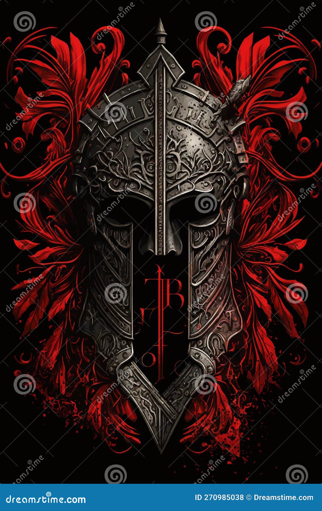 ancient hellenic spartan helmet, red ancient greek with foliage, laurel wreath and greek ornament meander,  on black