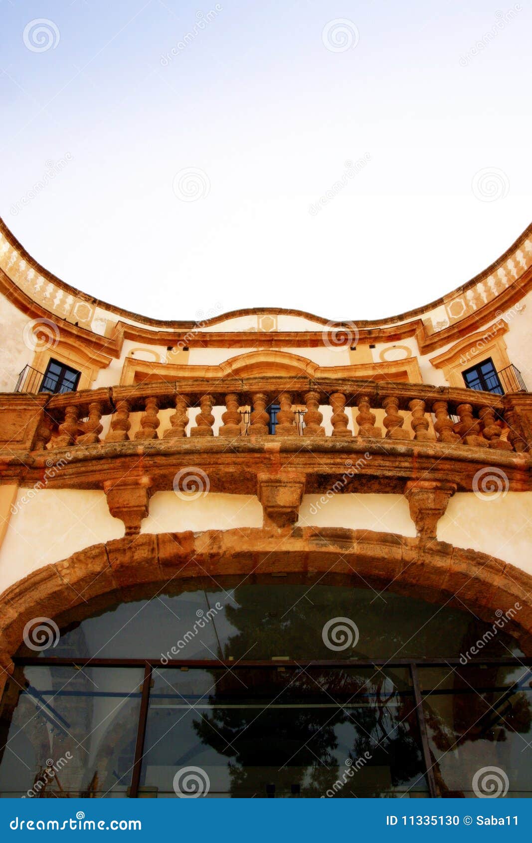 Ancient house balcony, Bagheria, Sicily. Anciient villa museum facade architecture &amp; stairs. The villa was the house of the famous painter Renato Guttuso. Island of Sicily, Italy.