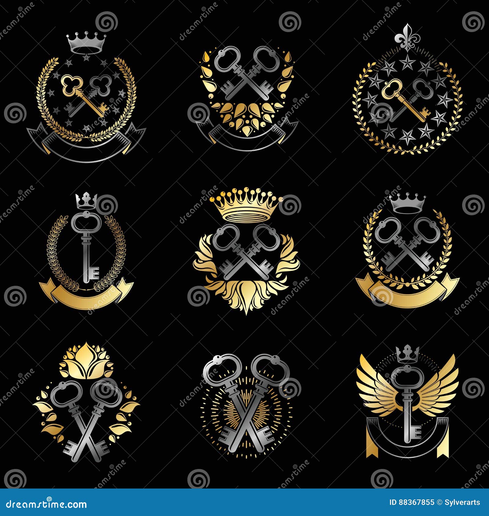 Ancient Keys Emblems Set. Heraldic Coat of Arms Decorative Logos Stock