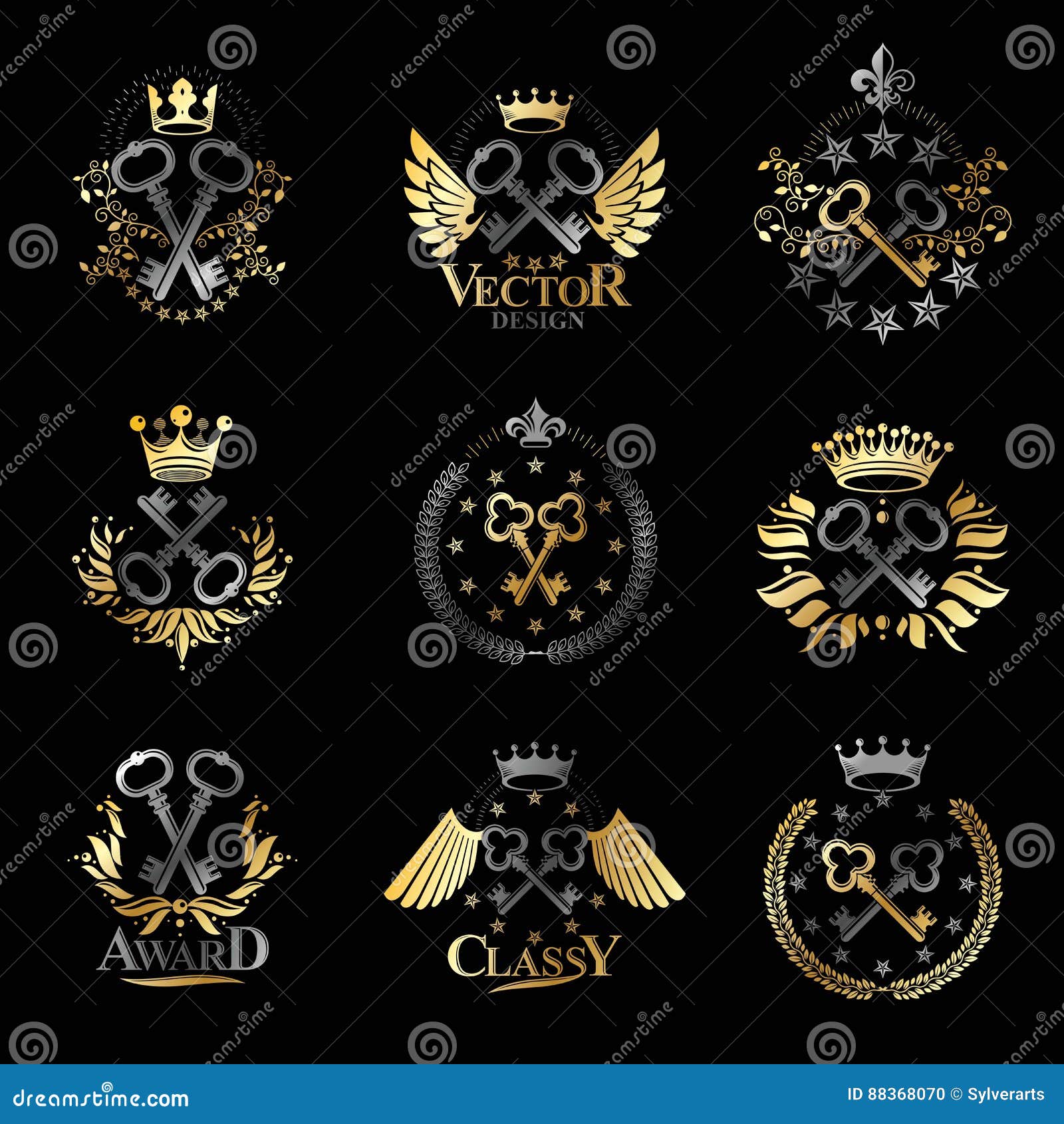 Ancient Keys Emblems Set. Heraldic Coat of Arms Decorative Logos Stock