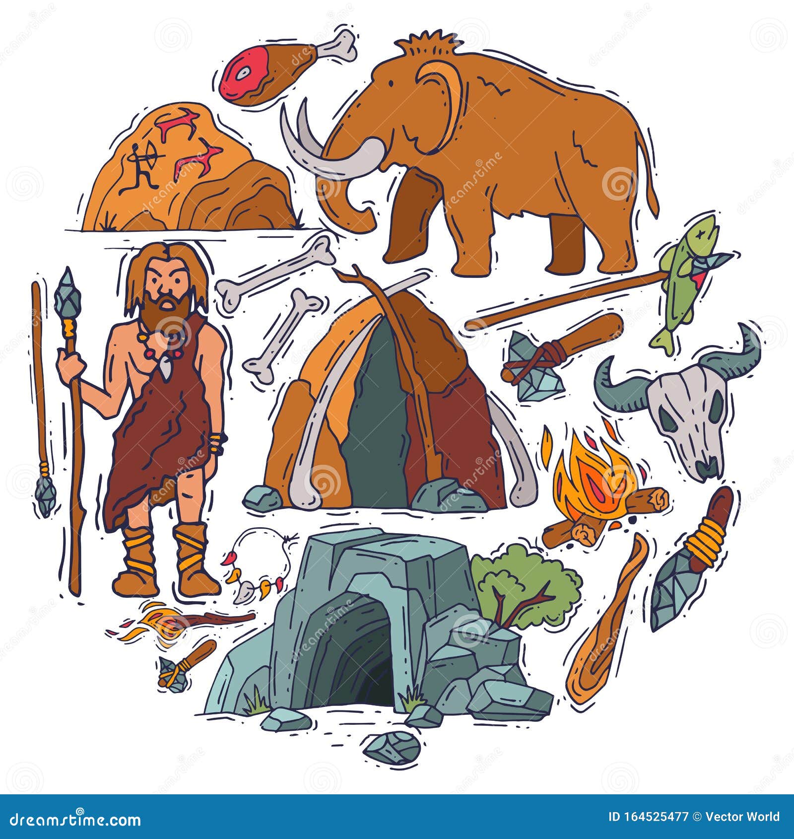 Ancient Man Stone Age Cartoon Caveman Set Isolated Vector Illustration.  Historic Primitive Cave, Anciently Stoneage Stock Vector - Illustration of  fish, primeval: 164525477