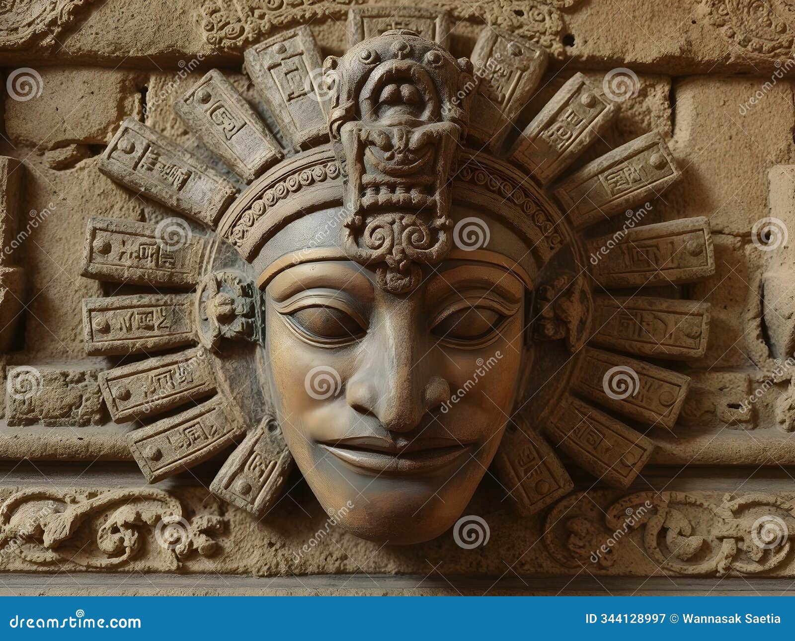 ancient mayan-style stone mask with intricate carvings, showcasing cultural artistry and historical significance.