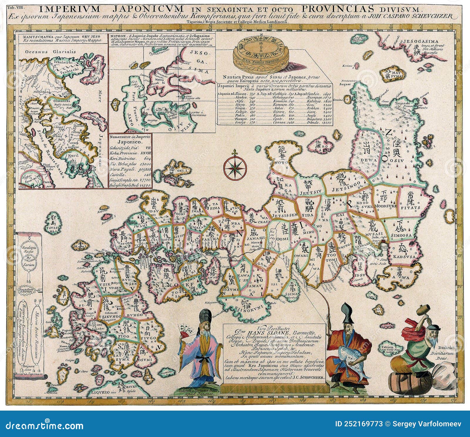Ancient Medieval Map of Japan in Japanese with Illustrations. 1727 Stock Illustration