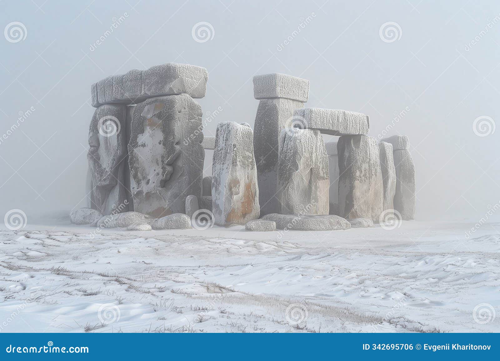 ancient megalithic cromlech on a frosty winter day