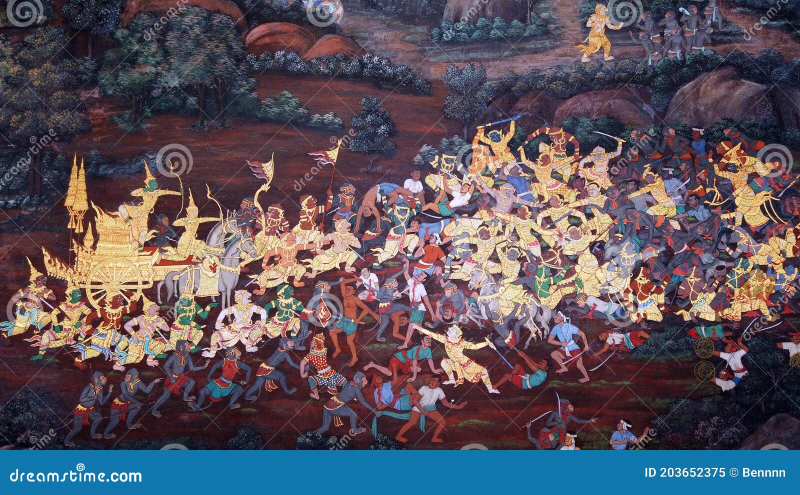 ancient mural painting with scene from the ramakien at wat phra kaew temple in grand palace.
