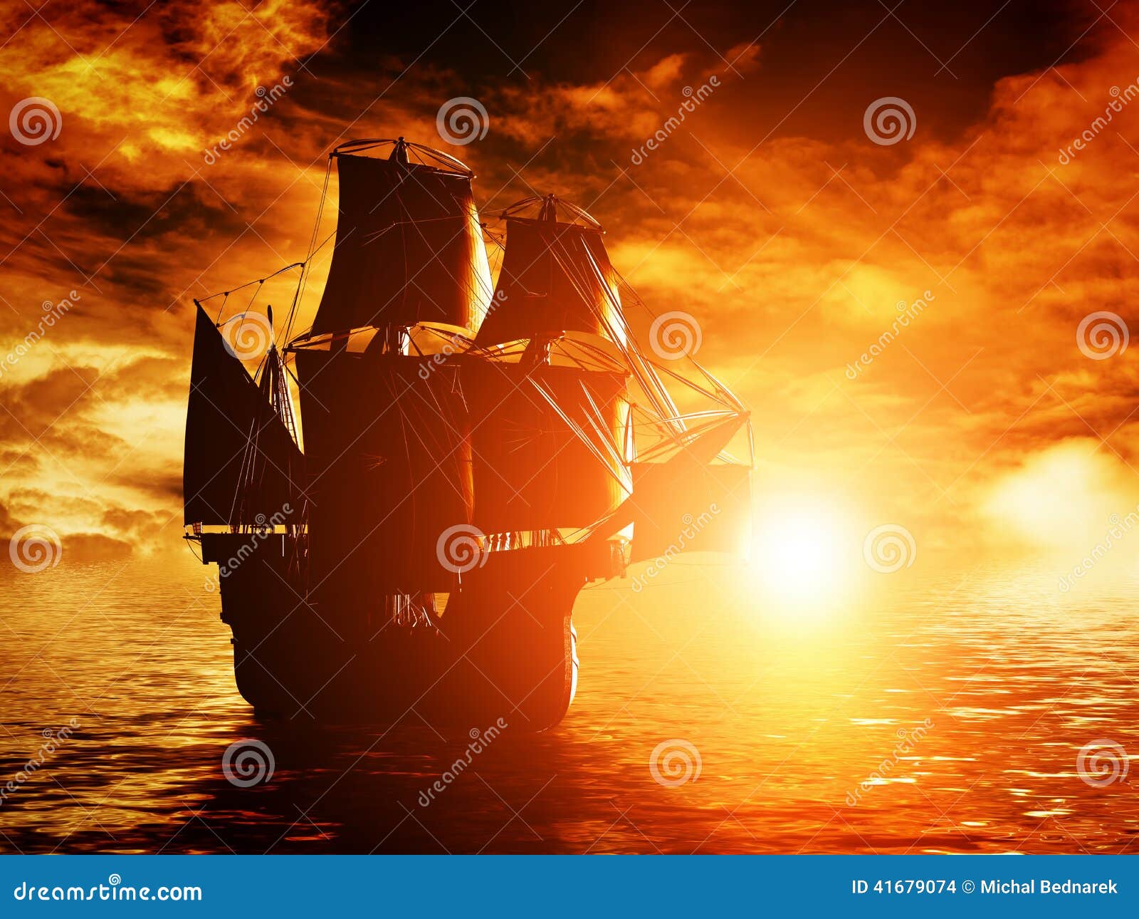 Ancient Pirate Ship Sailing on the Ocean at Sunset Stock Photo Image