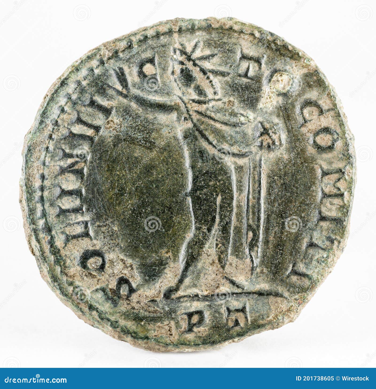 ancient roman copper coin of emperor constantine i magnus, reverse,  on a white background