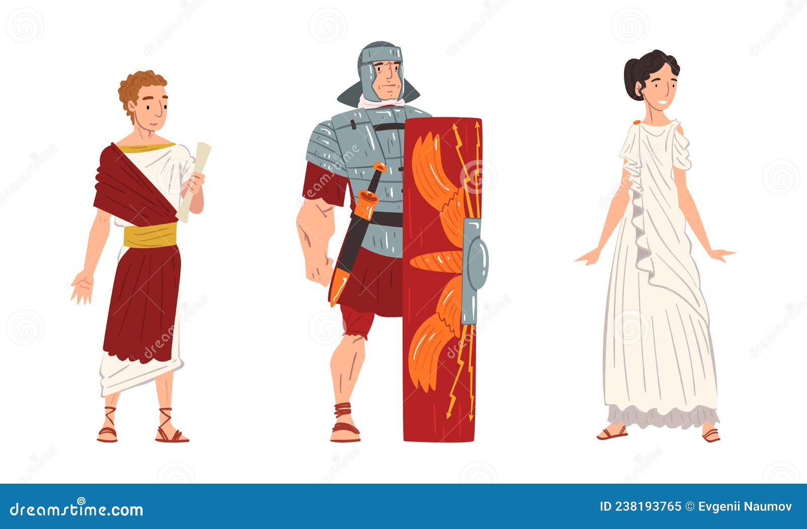 Ancient Roman Soldier or Greek Warrior and Woman in Long Tunic Standing ...