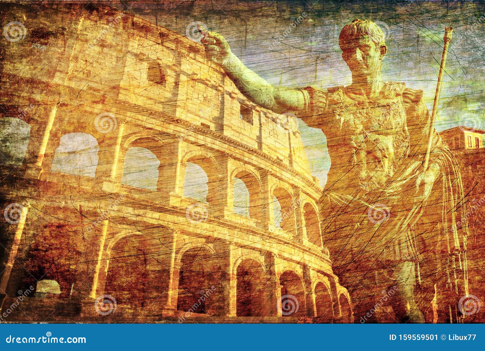 ancient romans signs background with imperator statue conqueror colosseum old europe map