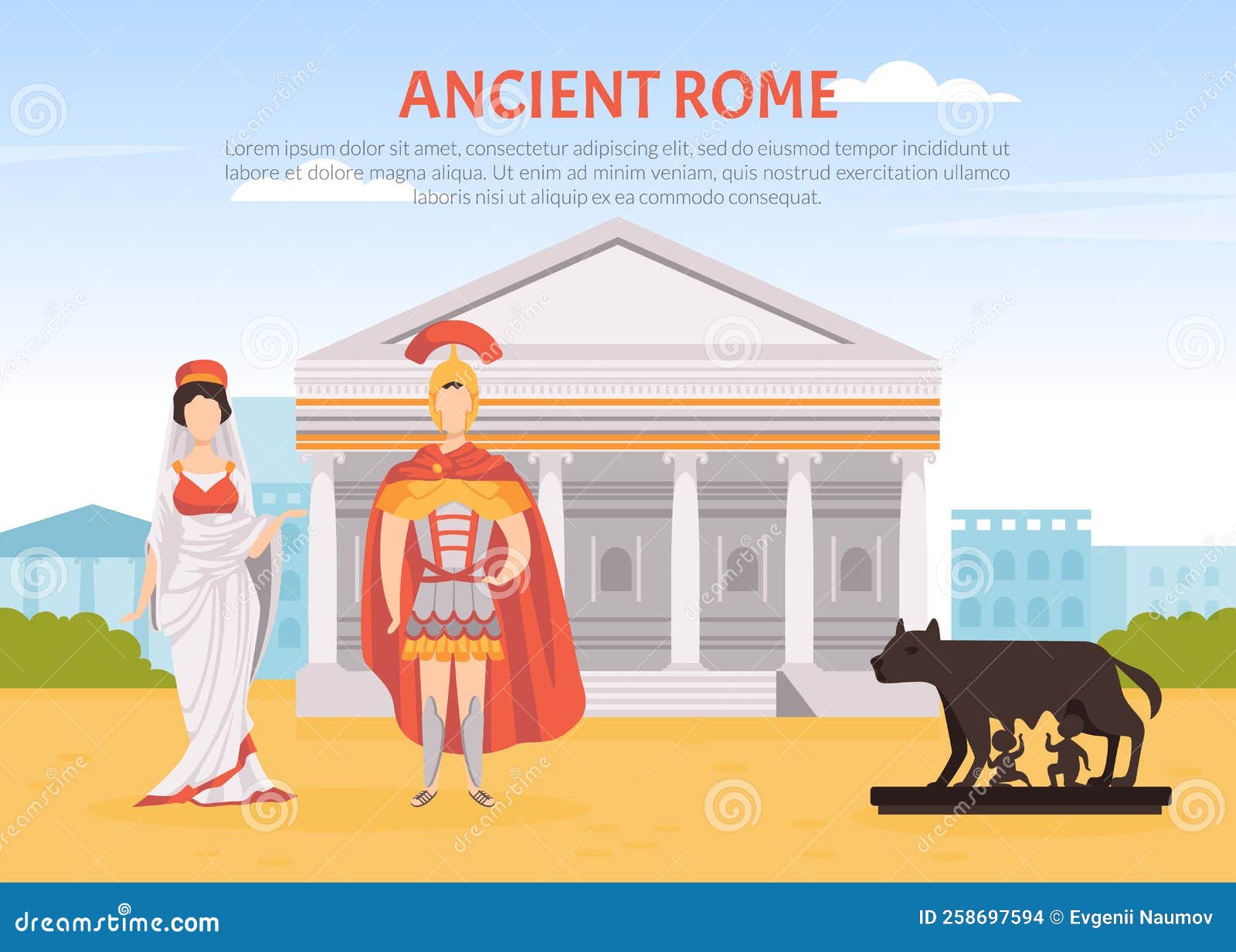 Ancient Rome Poster Design with Man and Woman in Traditional Wear Ancient Rome Poster Design with Man and Woman in Traditional Wear