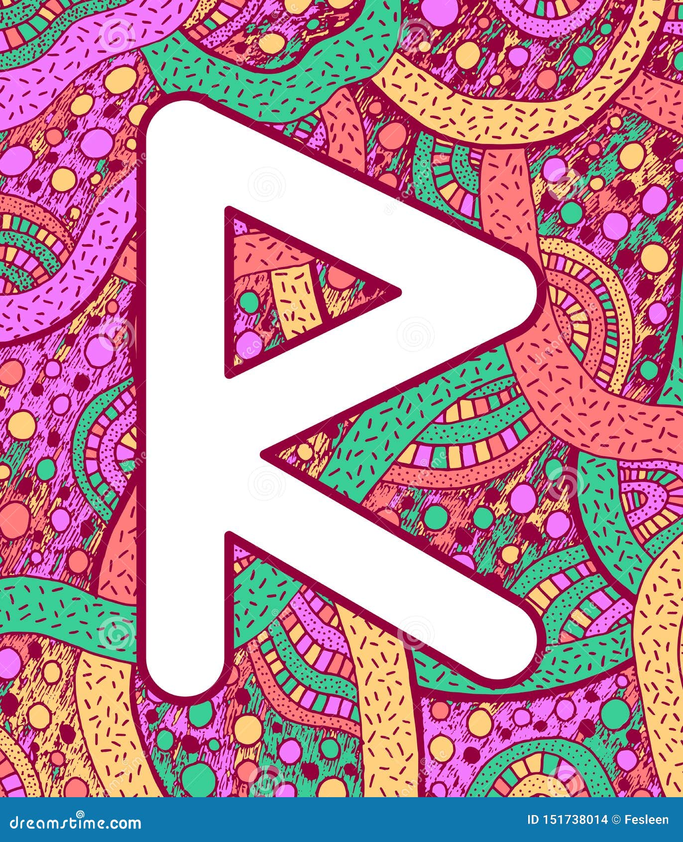 ancient scandinavic rune raido with doodle ornament background. colorful psychedelic fantastic mystical artwork. 