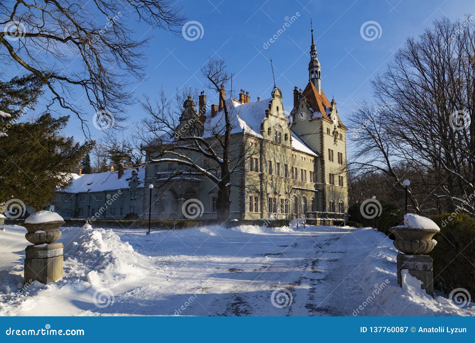 schoenborn palace beregvar castle in snow. ukraine