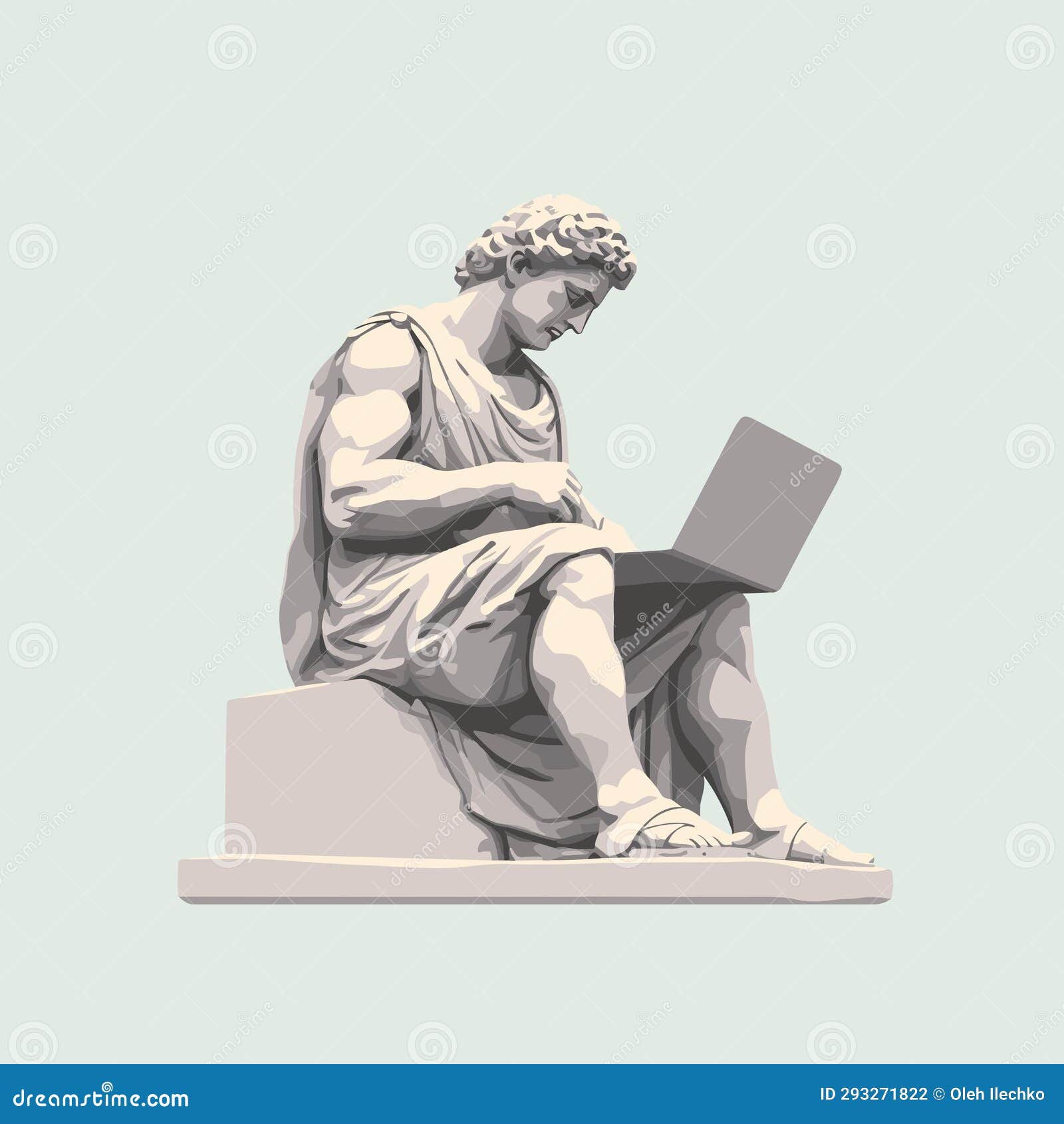 Ancient Stone Greek Statue Working on Laptop Vector Isolated