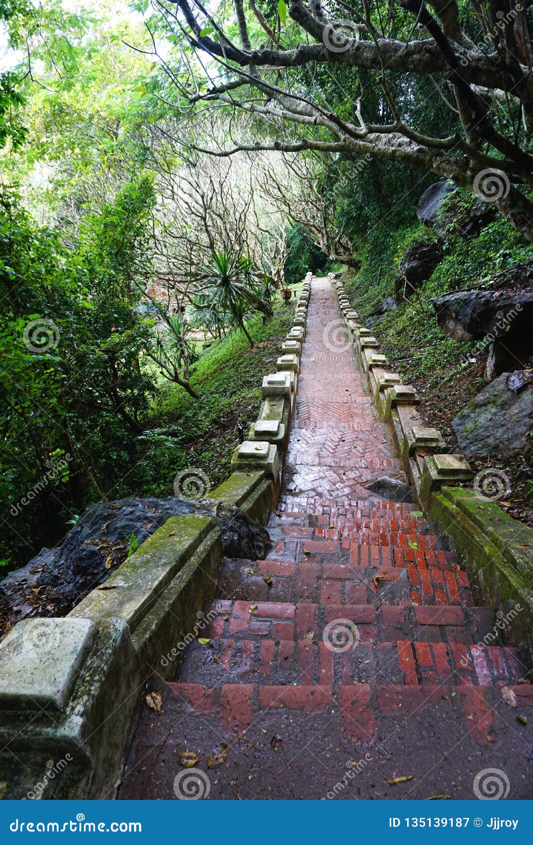 ancient brick and stone stairway on mount phousi in luang prabang, laos