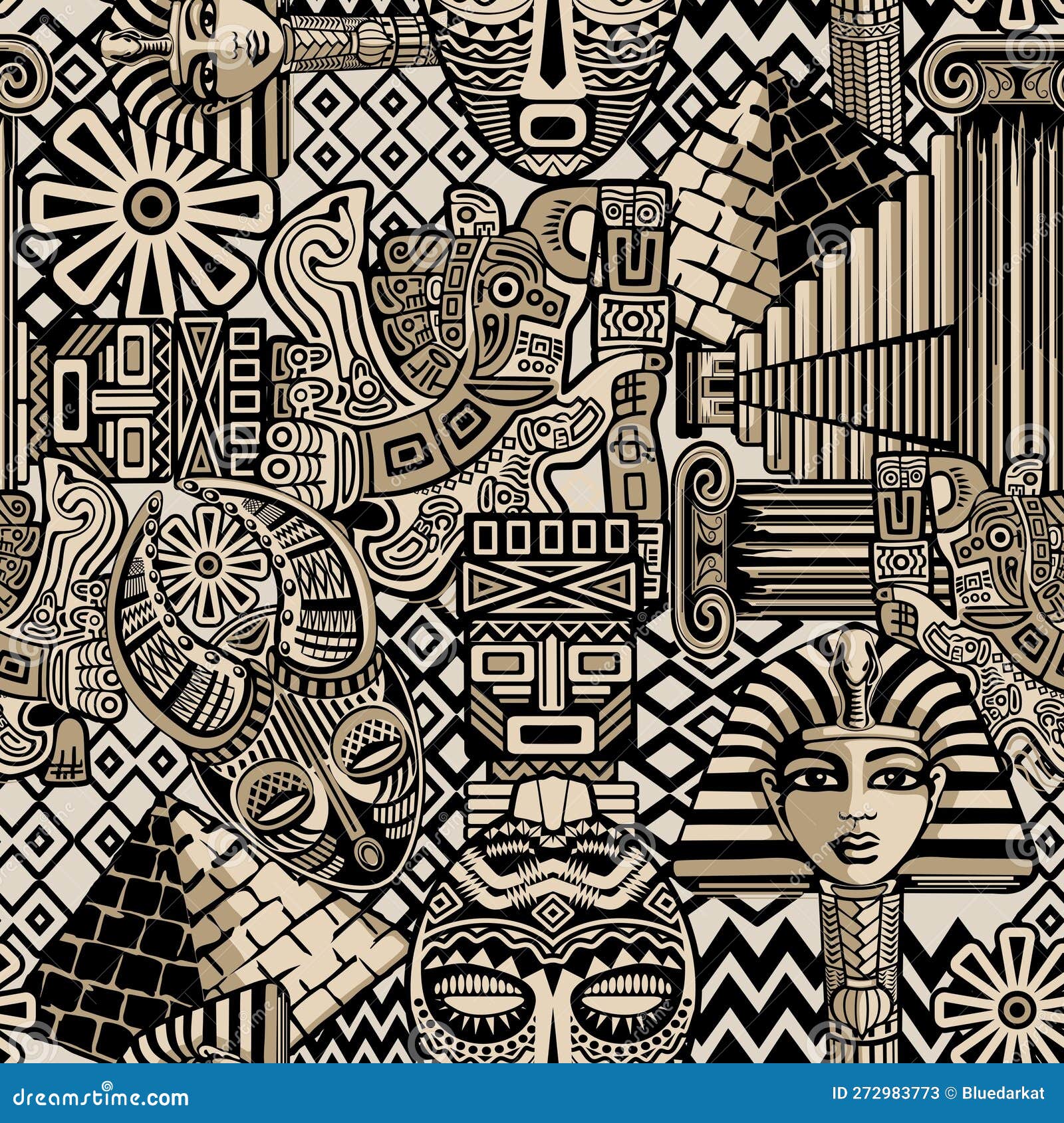 ancient s and architecture, egypt, greece, aztecs, africa, tribal figures and art  seamless pattern 