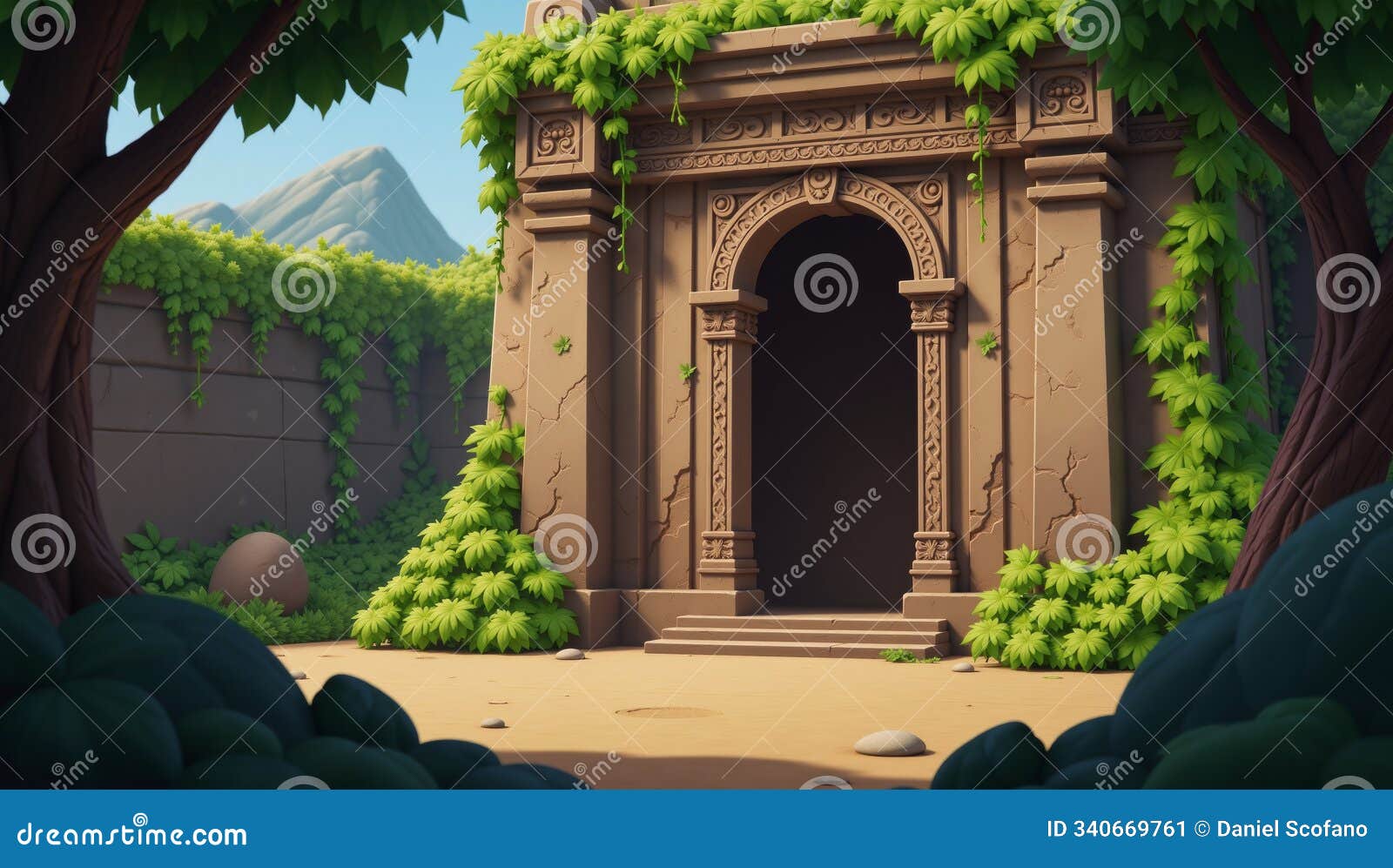 ancient temple cartoon backdrop for an adventurepuzzle game featuring temple motifs and vinecovered walls in a 2d artstyle