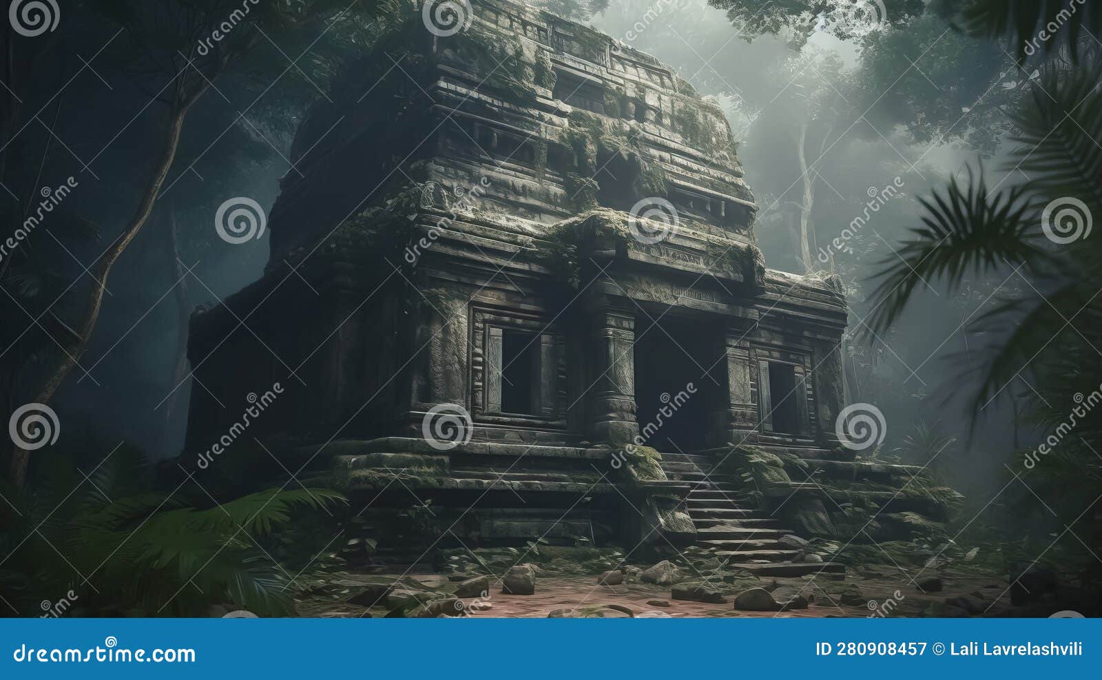 Ancient Temple in Dark Jungle, Old Ruins in Fantasy Tropical Forest ...