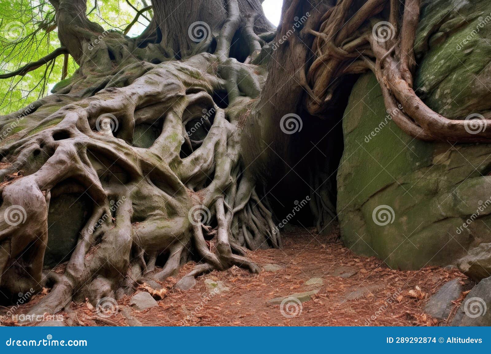 ancient tree roots entwining around a boulder
