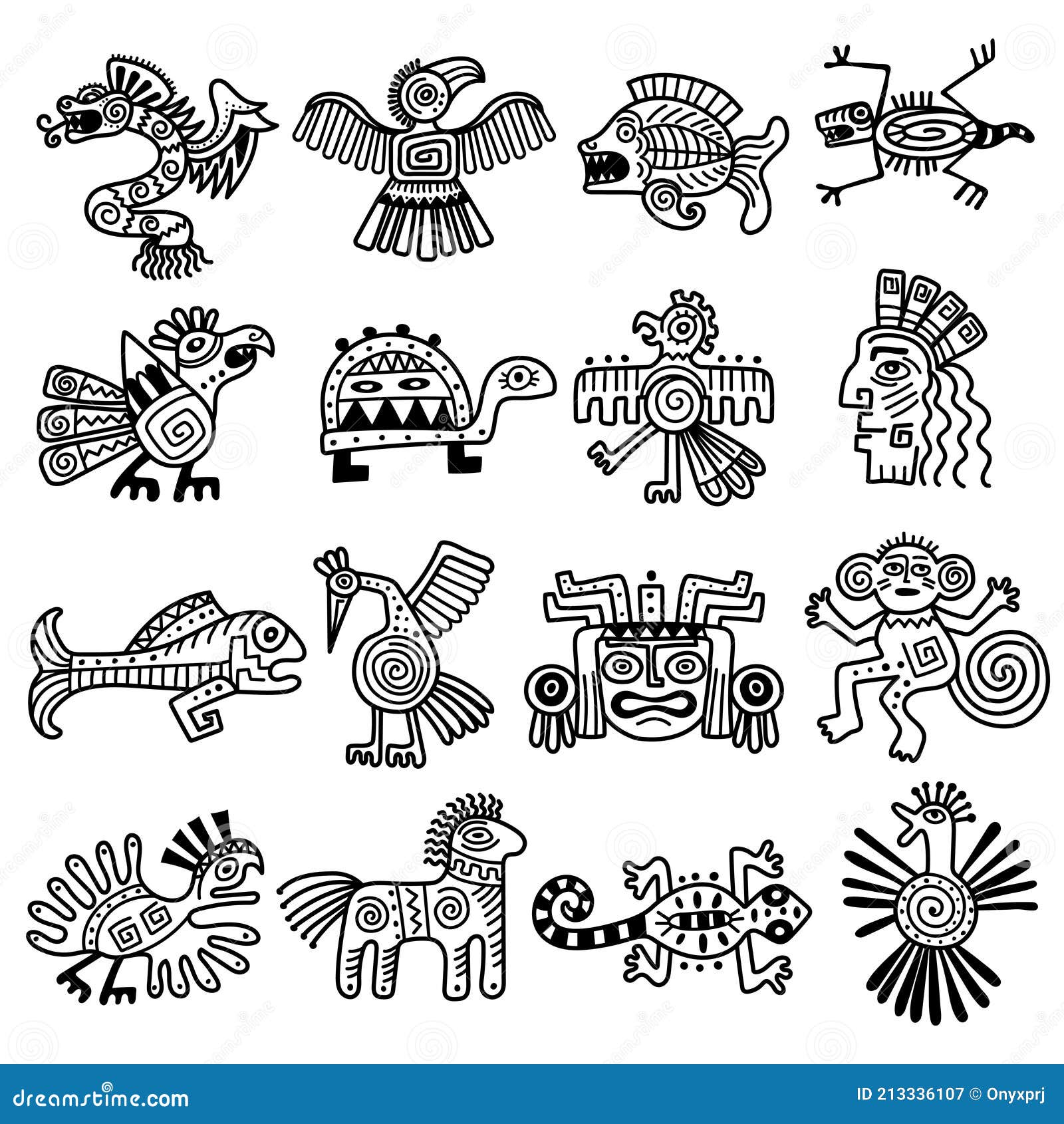 Ancient Tribal Logo. Mexican Aztec Icons Animals Decoration Mayan ...