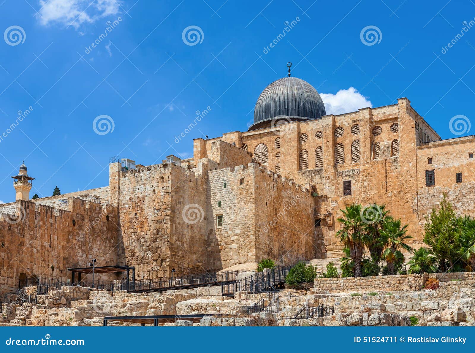 ancient walls and al aqsa mosque dome in jerusalem, israel.