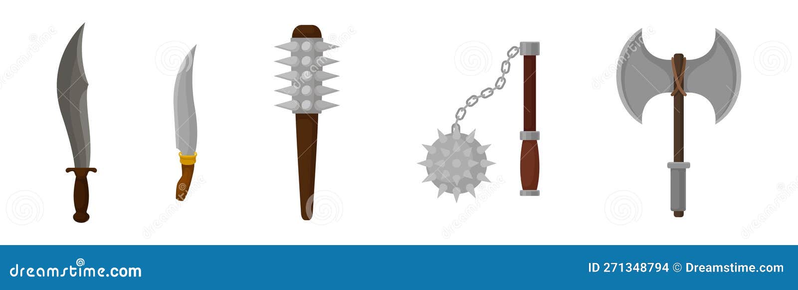 Ancient Weapon with Dagger, Ballandchain Flail, Morning Star and Axe Vector Set Stock Vector