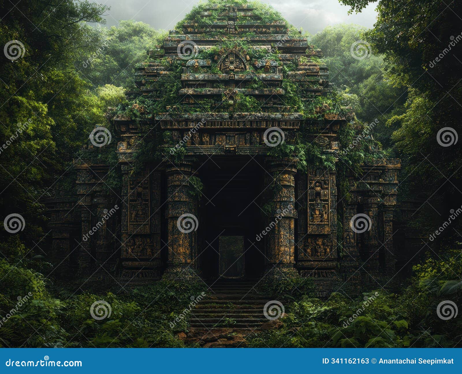 an ancient, weathered temple, overgrown with dense foliage, stands hidden deep within a lush, mysterious jungle under cloudy skies