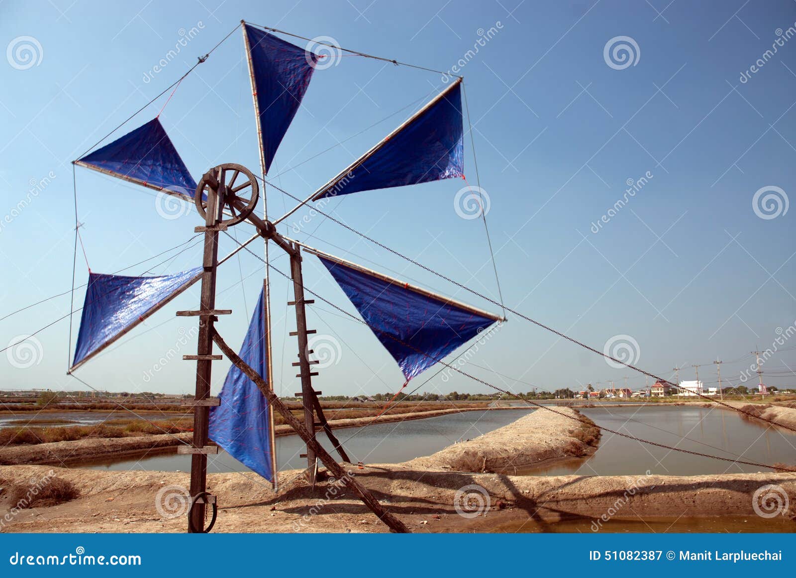 ancient wind mill use move sea water salt field traditional wooden irrigation tool driven power turbine bail 51082387