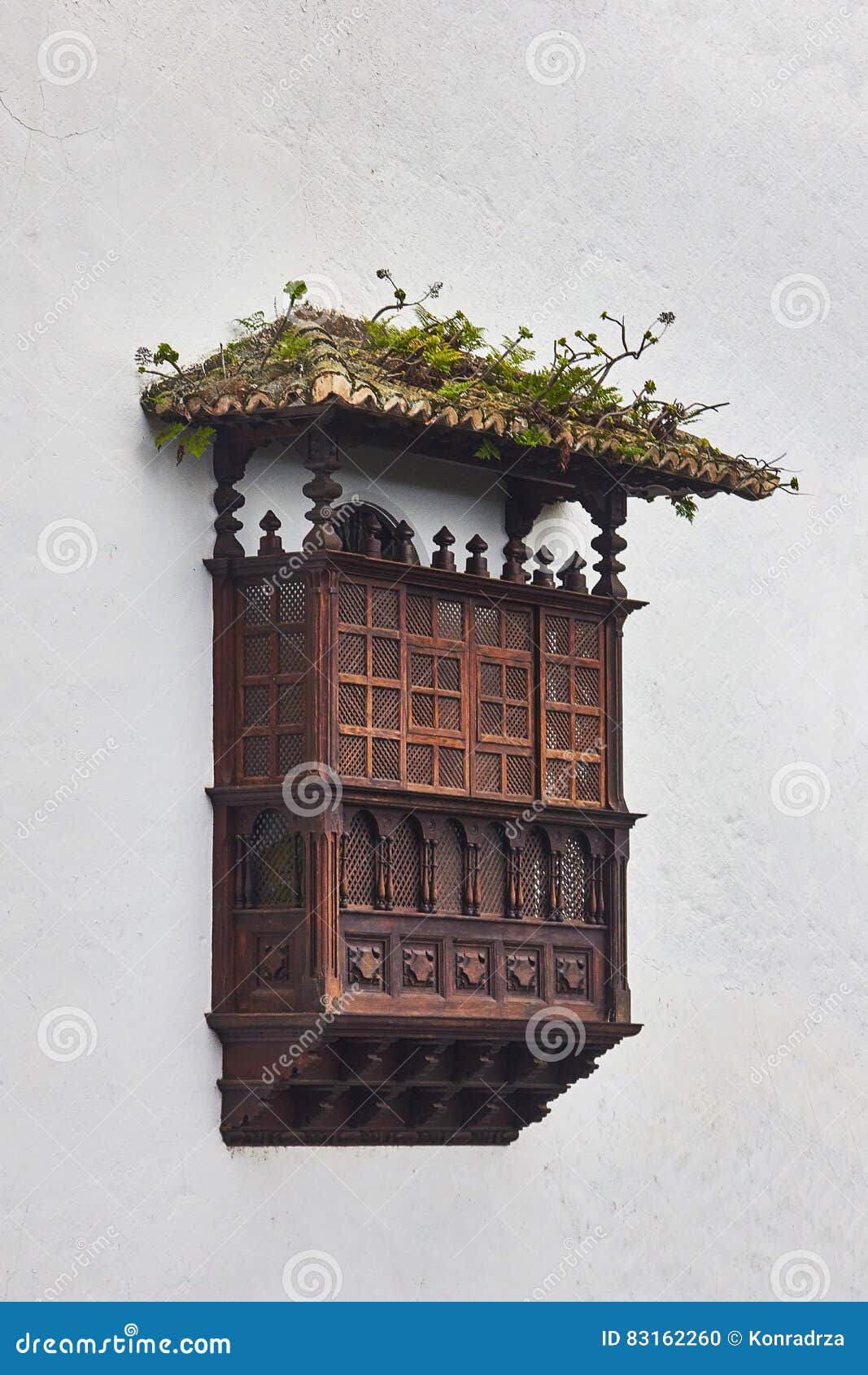 ancient wooden balcon in icod de vines, tenerife, spain