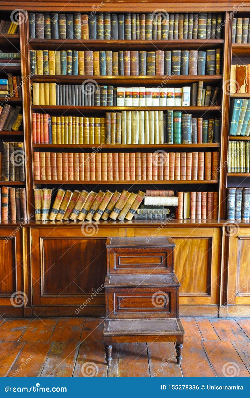 Ancient Wooden Book Shelves With Old Library Books Dusty Bookshelf