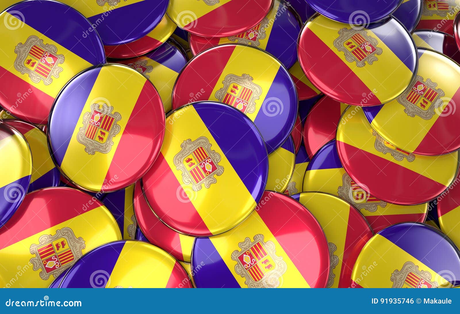 andorra badges background - pile of andorran flag buttons.