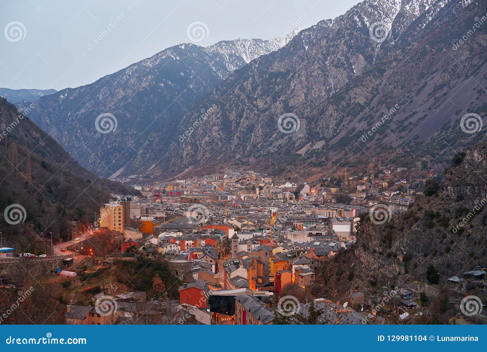 andorra la vella skyline at sunset pyrenees