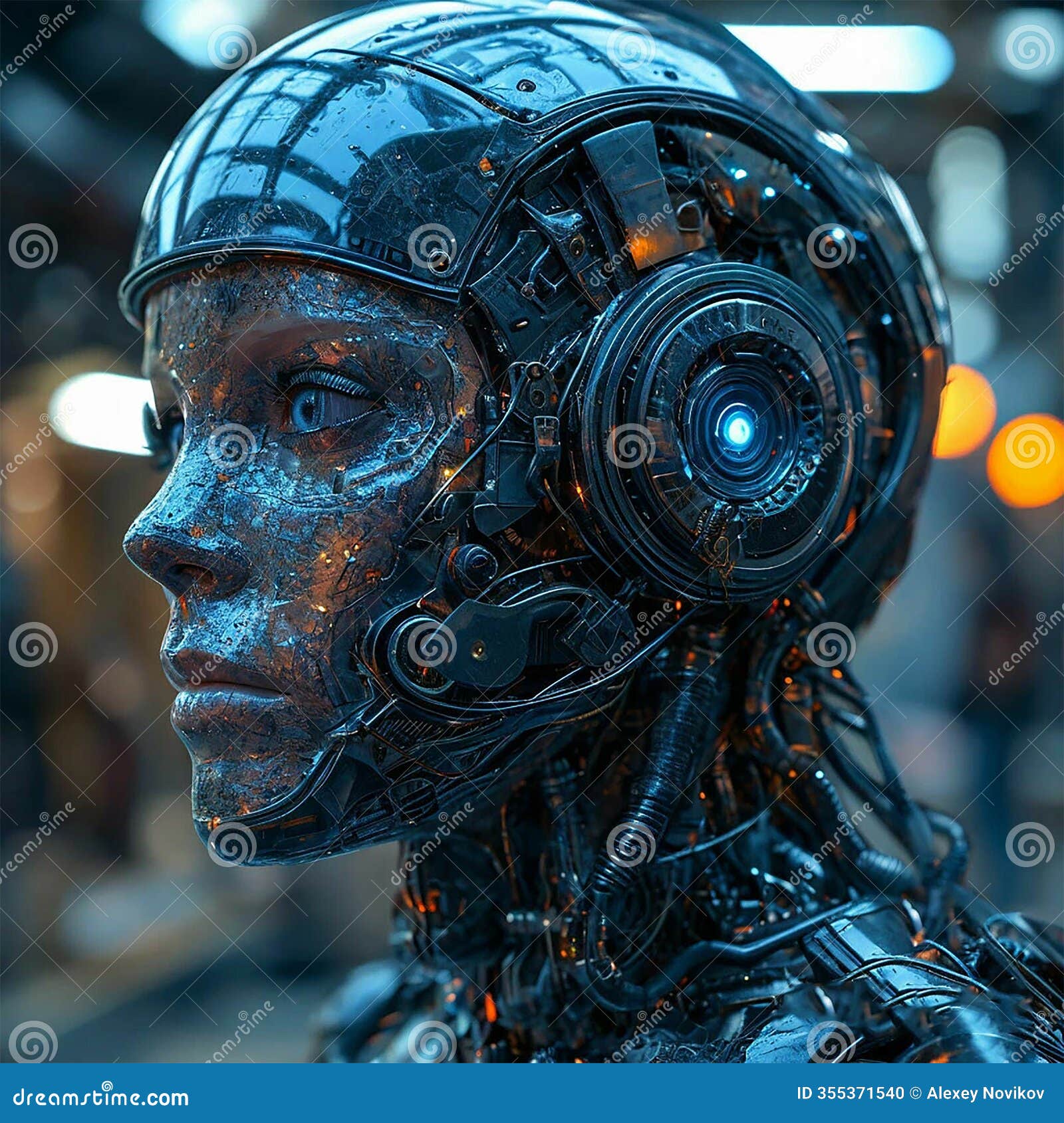 android with a face that lights up from within