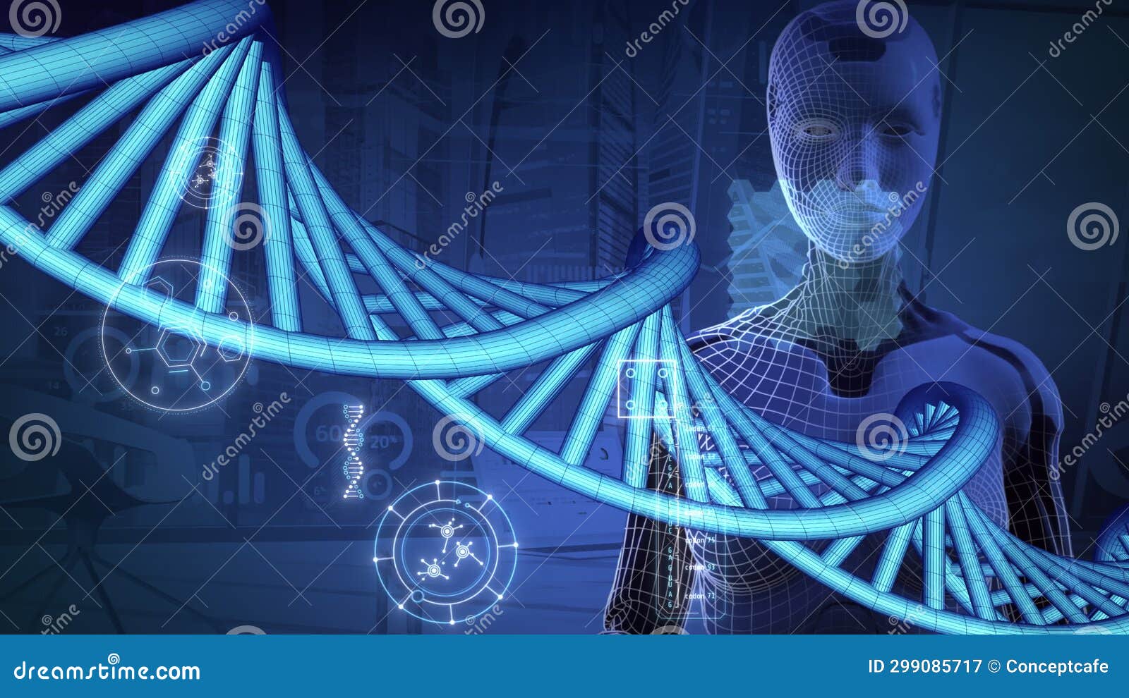 Android and the Holographic Projection of DNA. 3D Render Stock Video