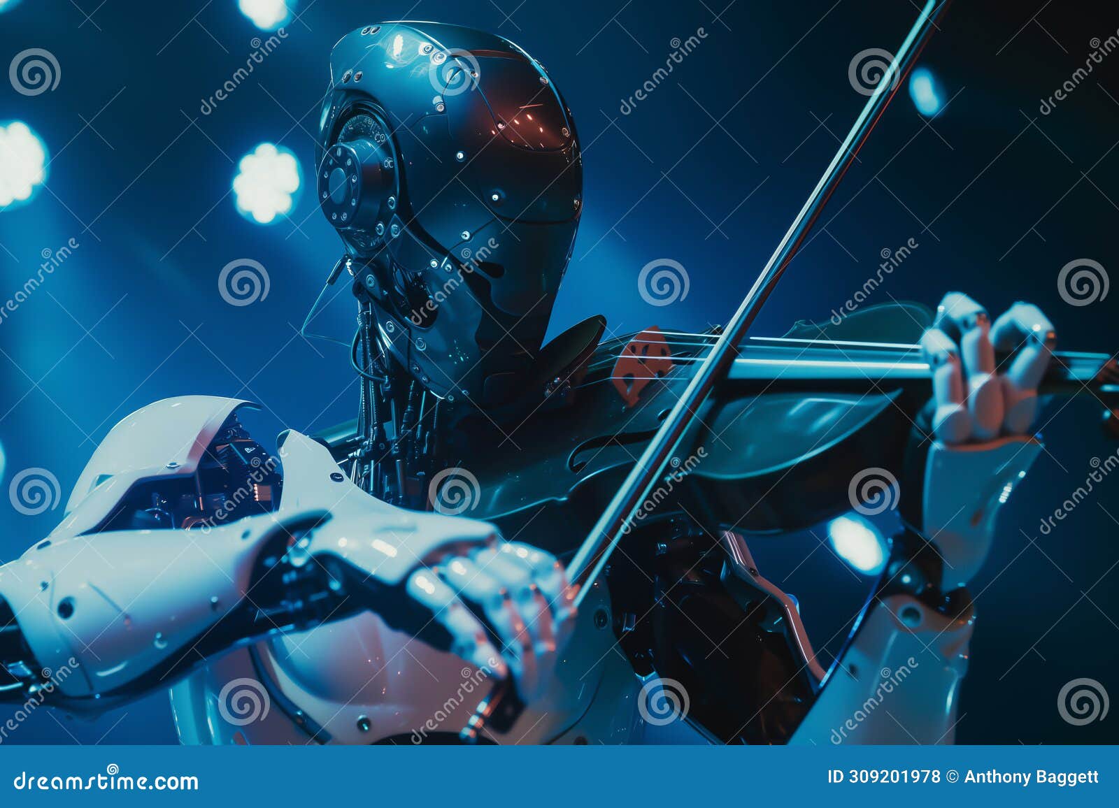 an android robot playing a violin at an orchestral classical music concert