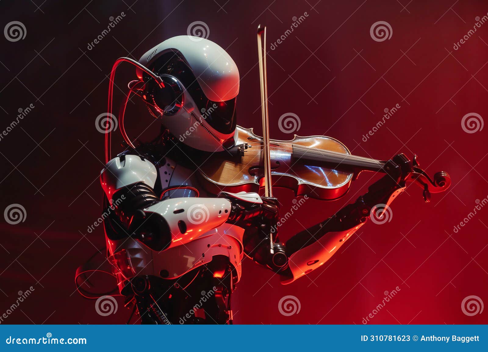 an android robot playing a violin at an orchestral classical music concert performing as part of the orchestra