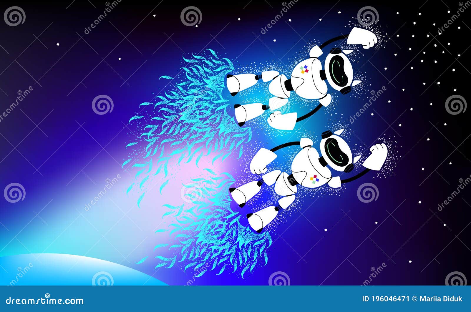 androids in outer space. robots are flying in space. space exploration. robots fly on a jet thrust, the first cosmic speed,