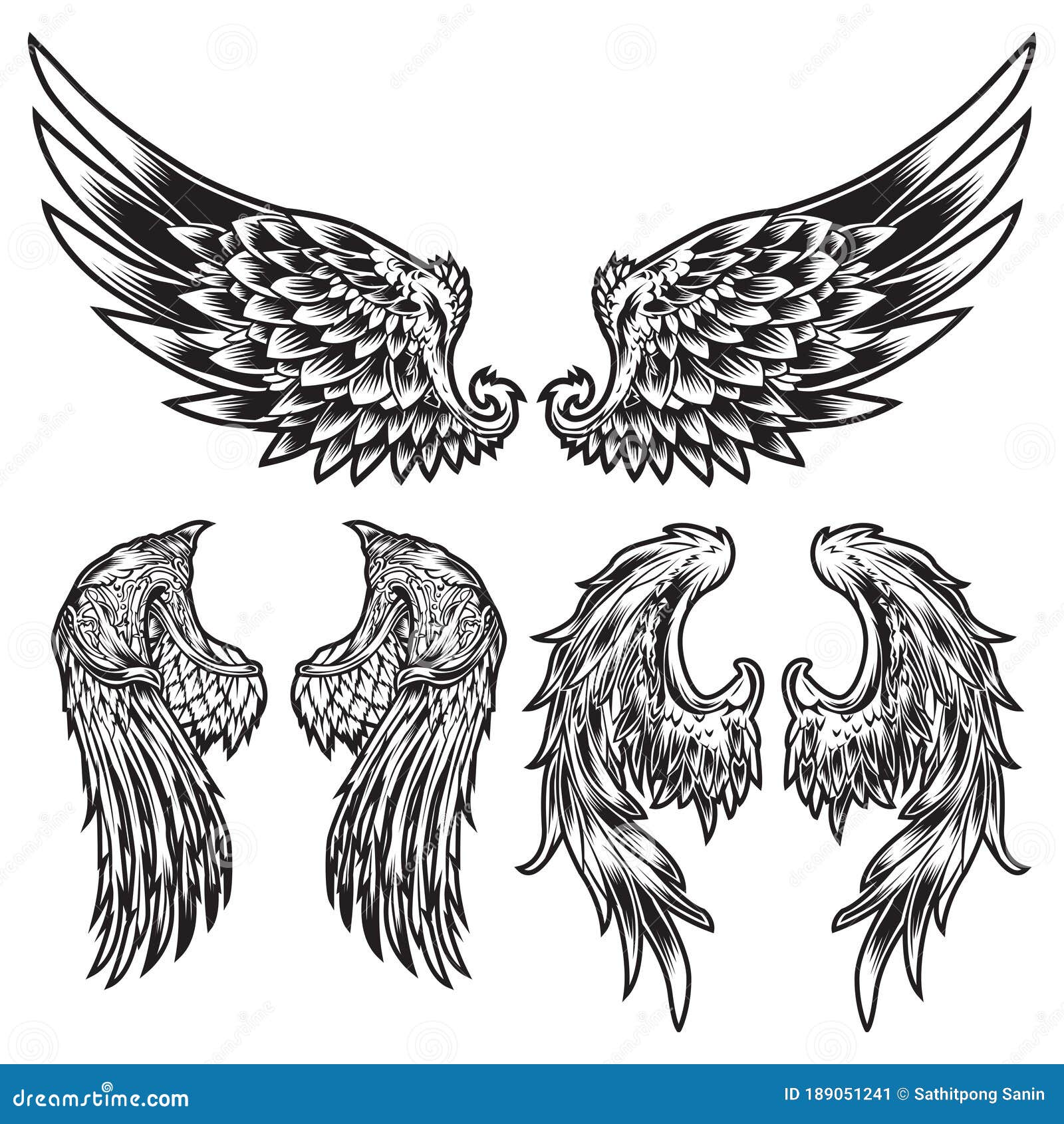 Wings Bird Feather Angel Tattoo Vector Set 7 Stock Vector - Illustration of  jewellery, feather: 189051241