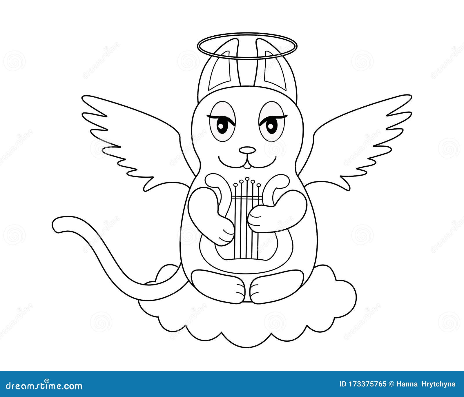 An Angel Cat with Wings and a Halo Sits on a Cloud and Plays the Harp