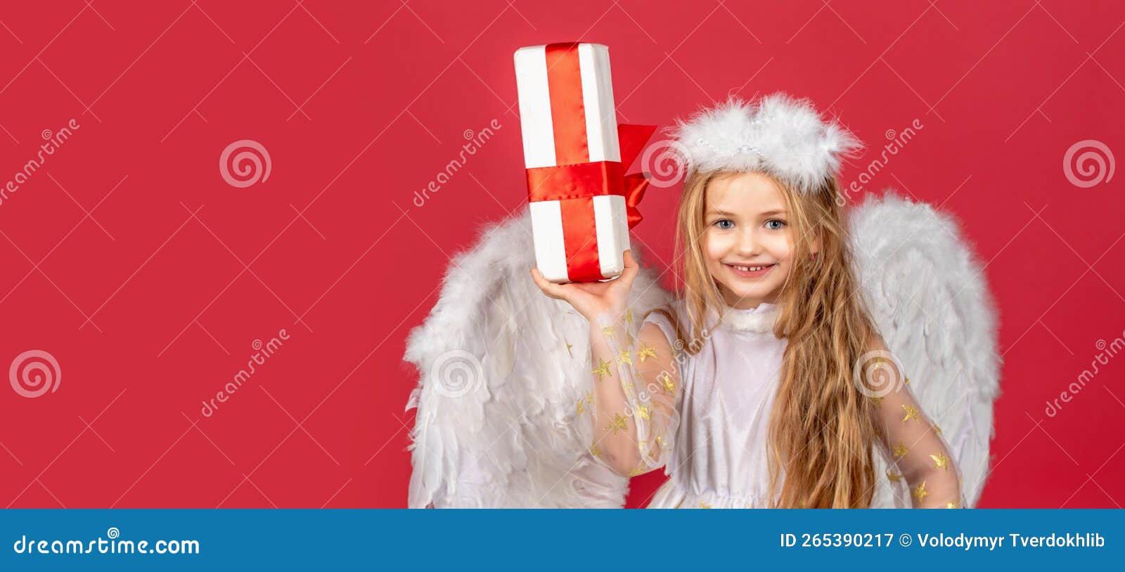 angel child banner,  studio background. valentine. happy smiling cupid girl. horizontal banner for website
