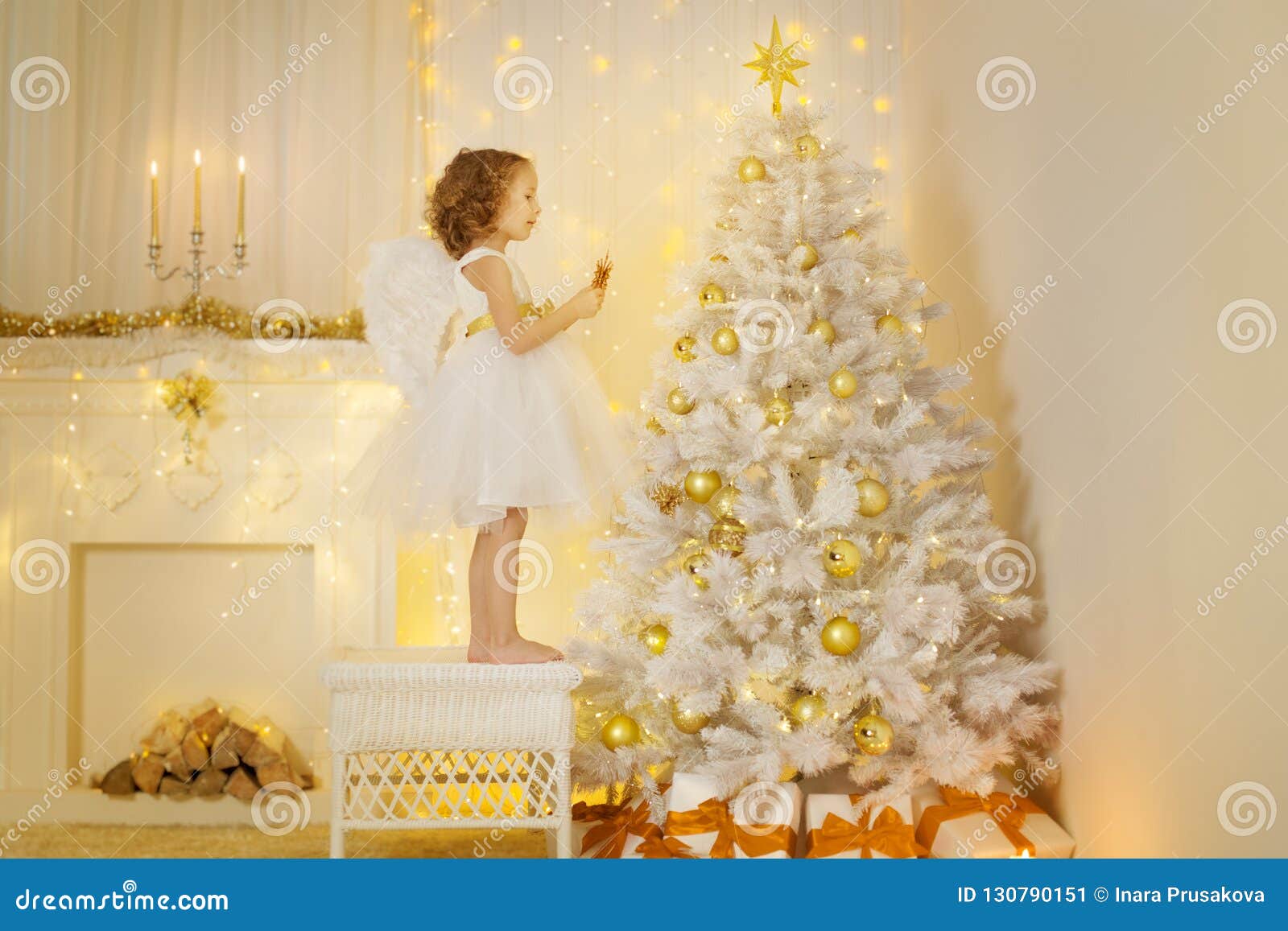 Angel Child Decorating Christmas Tree Girl Hanging