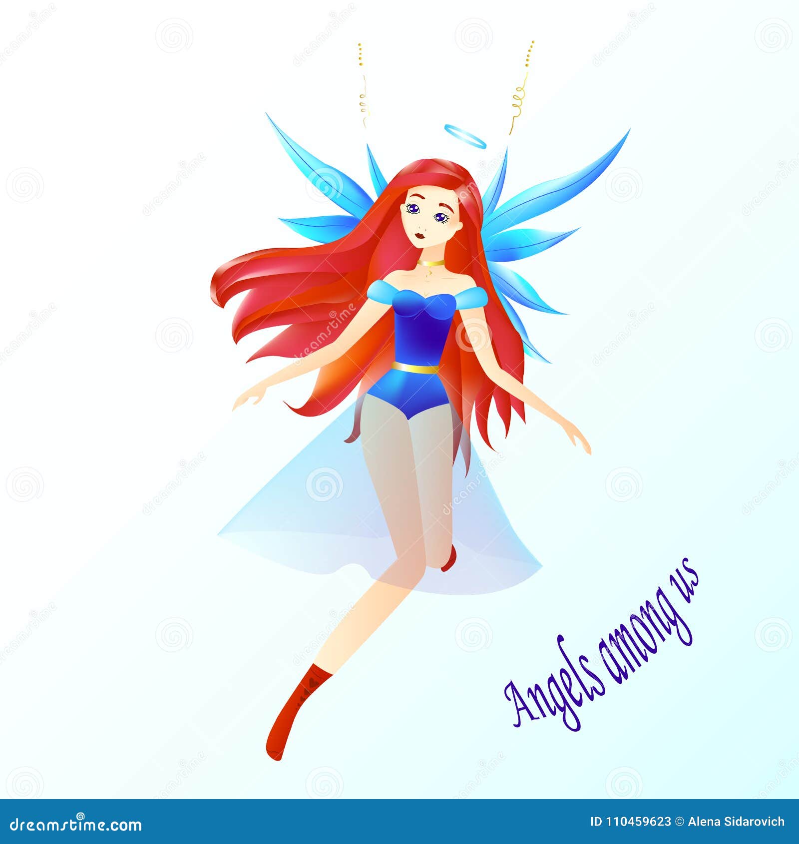 An Angel A Girl With Red Hair A Halo And A Blue Wings Angels Stock Vector Illustration Of Costume Angel 110459623