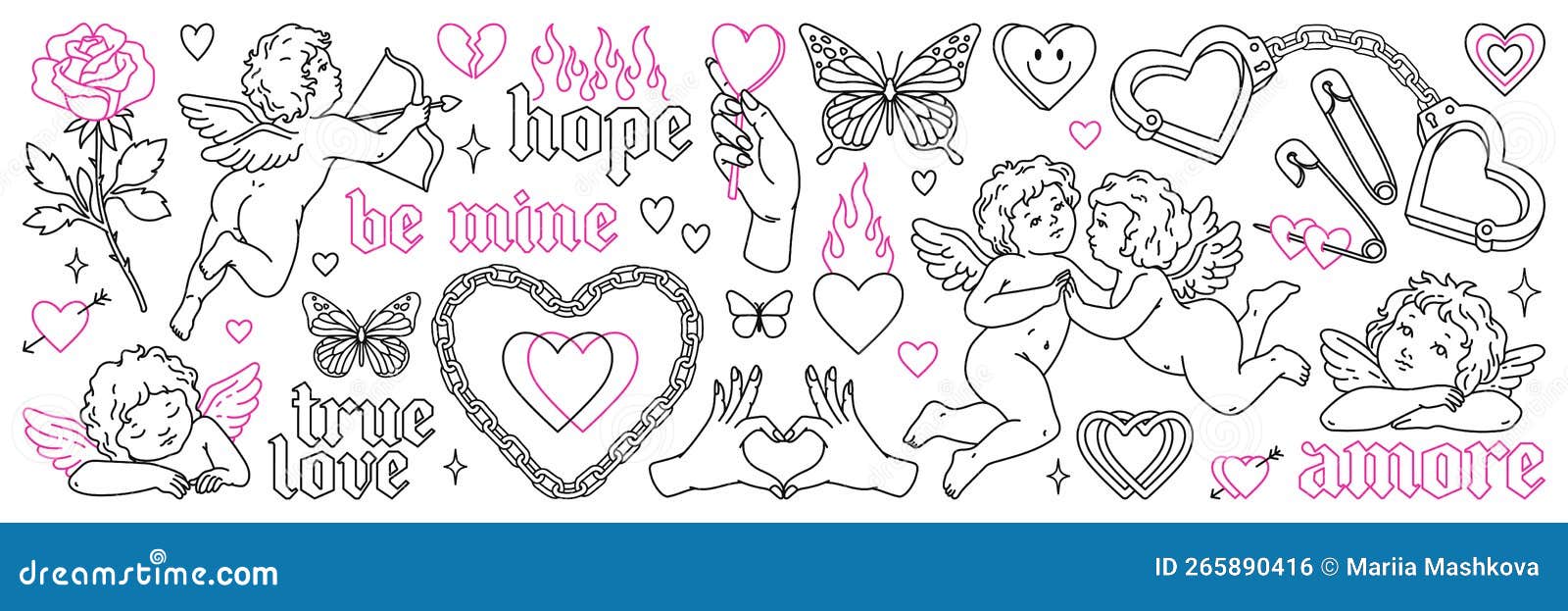 angel and heart tattoo art 1990s-2000s. love concept. happy valentines day stickers.