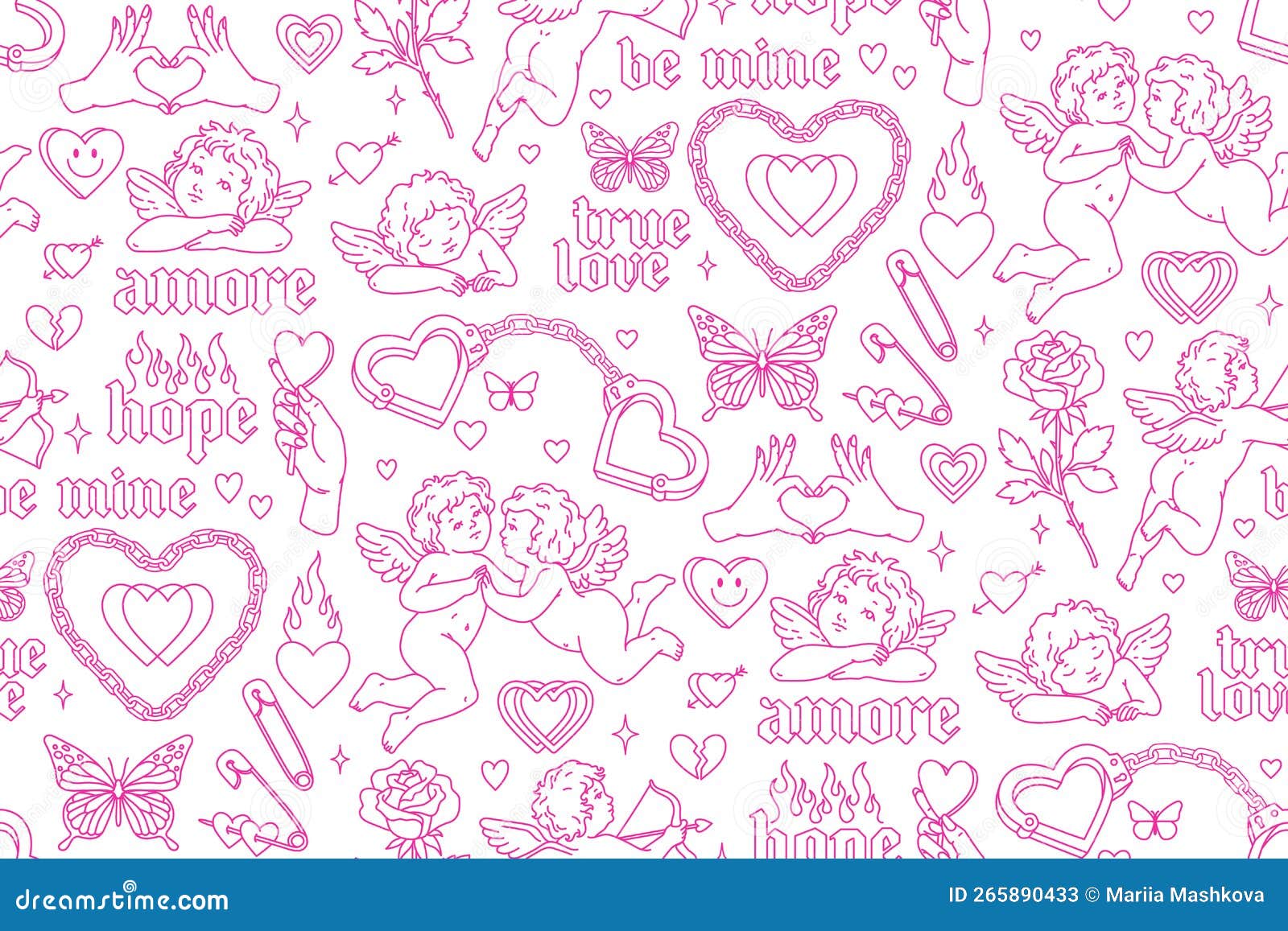 angel and heart tattoo art 1990s-2000s seamless pattern. love concept. happy valentines day.