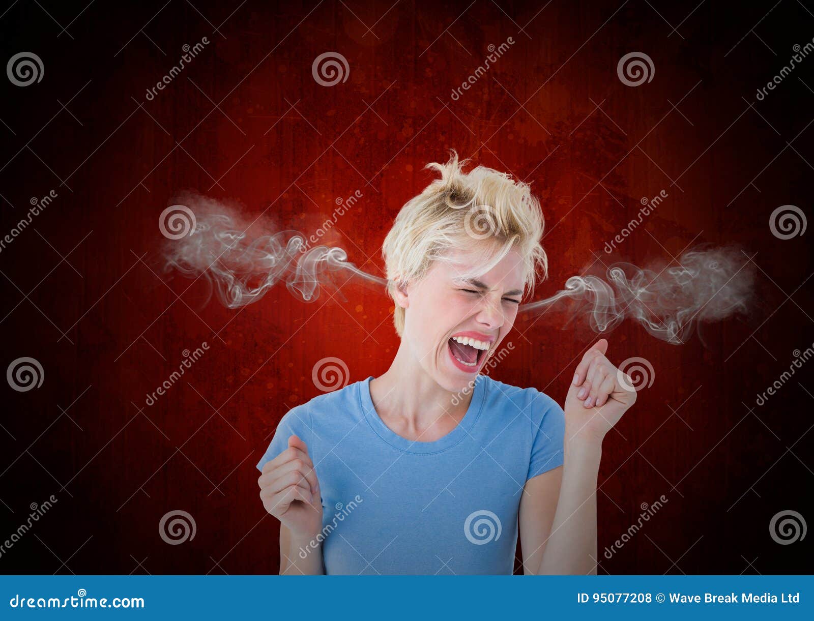 anger young woman with steam on ears. black and red background