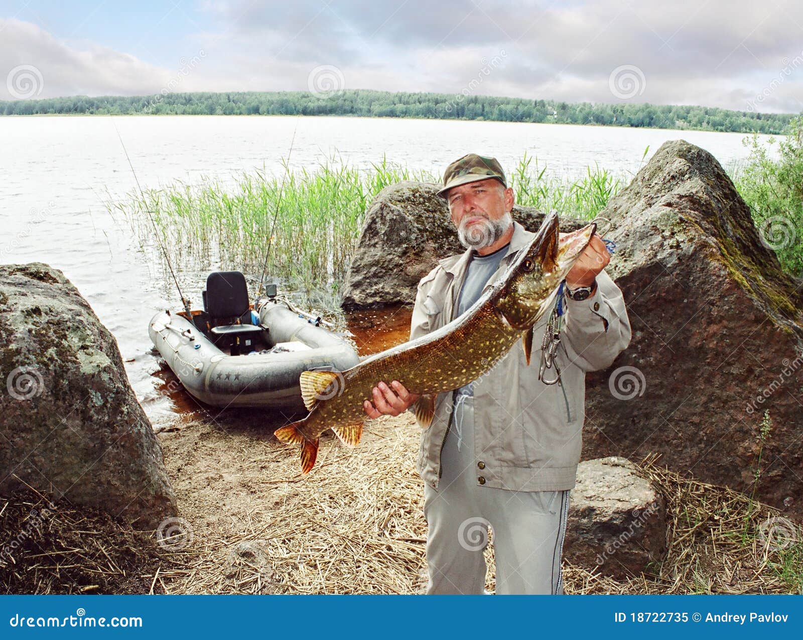 angler catch big pike fish, fishing with boat